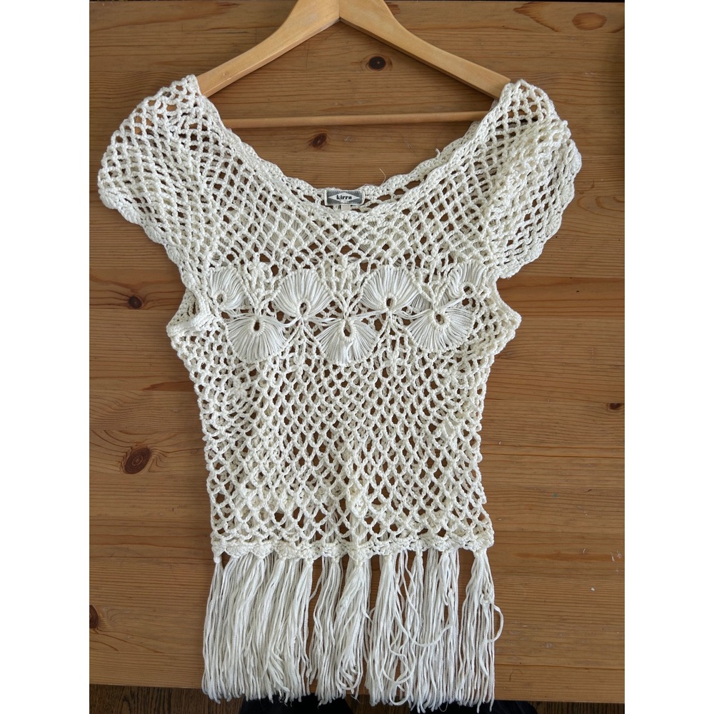 Kirra Cream Crochet Fringe Boho Festival Hippie Open Knit Top Mexico XS/S